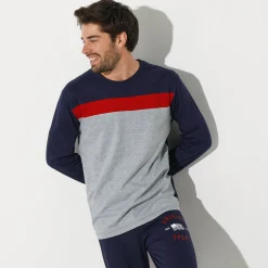 Pyjama En Kamerjas<Blancheporte Driekleurig pyjamashirt met lange mouwen marine / chiné grijs