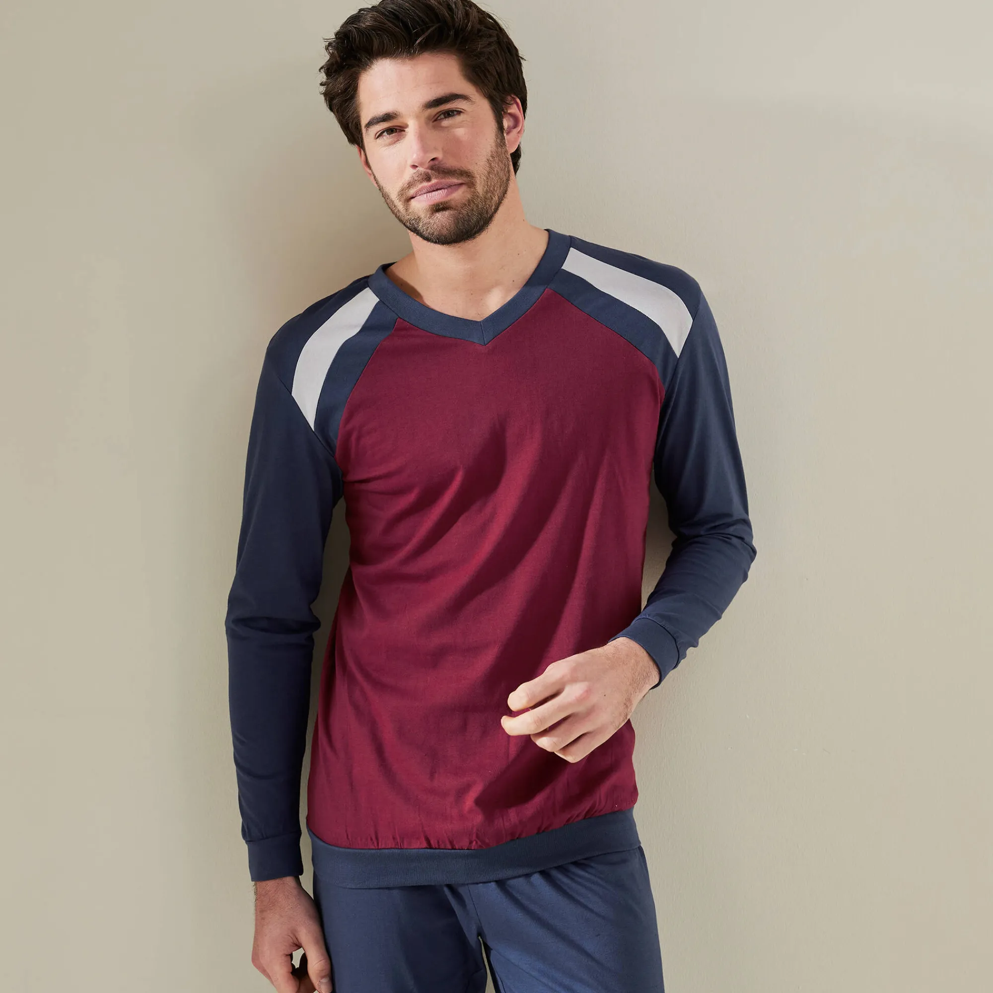 Pyjama En Kamerjas<Blancheporte Driekleurige pyjama - set van 2 marine / bordeaux
