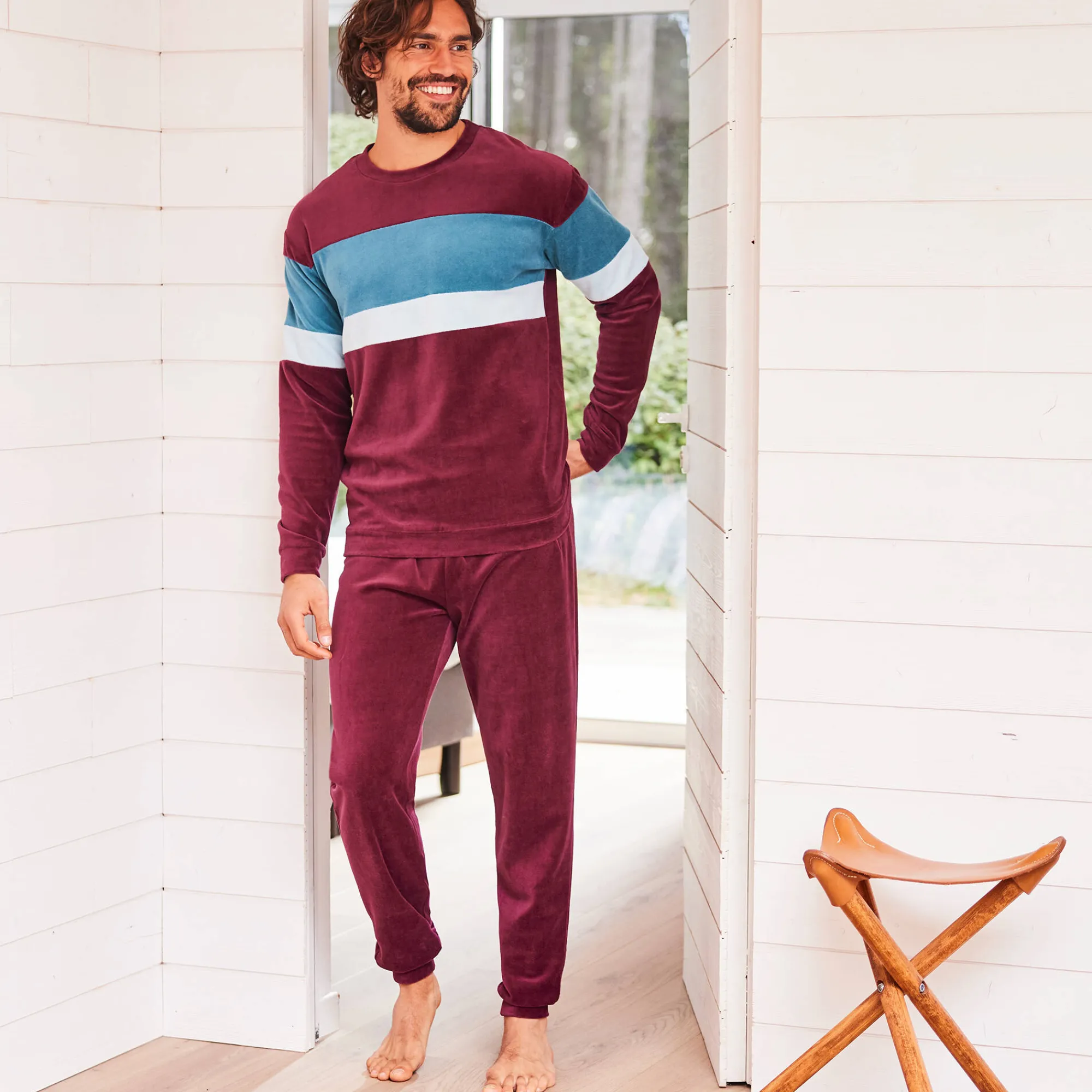 Pyjama En Kamerjas<Blancheporte Driekleurige pyjama in velours, lange mouwen bordeaux