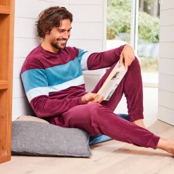 Pyjama En Kamerjas<Blancheporte Driekleurige pyjama in velours, lange mouwen bordeaux