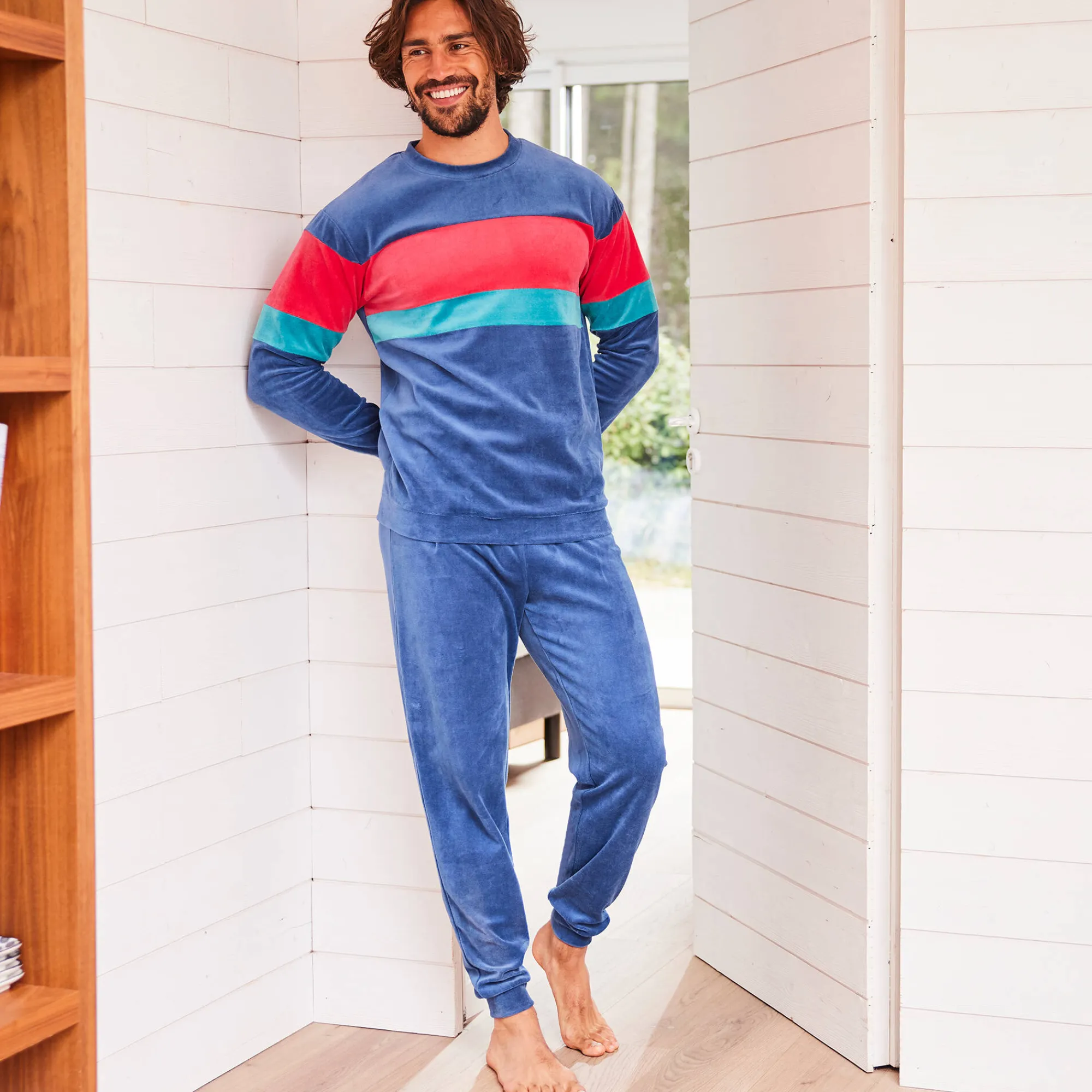 Pyjama En Kamerjas<Blancheporte Driekleurige pyjama in velours, lange mouwen marine