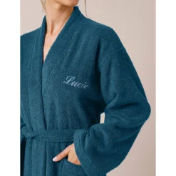 Badjas<Colombine Effen badjas in lusjesbadstof met kimonokraag, volwassenen, gepersonaliseerd pauwblauw