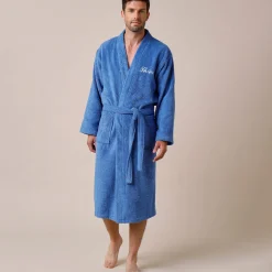 Badjas<Colombine Effen badjas in lusjesbadstof met kimonokraag, volwassenen, gepersonaliseerd felblauw