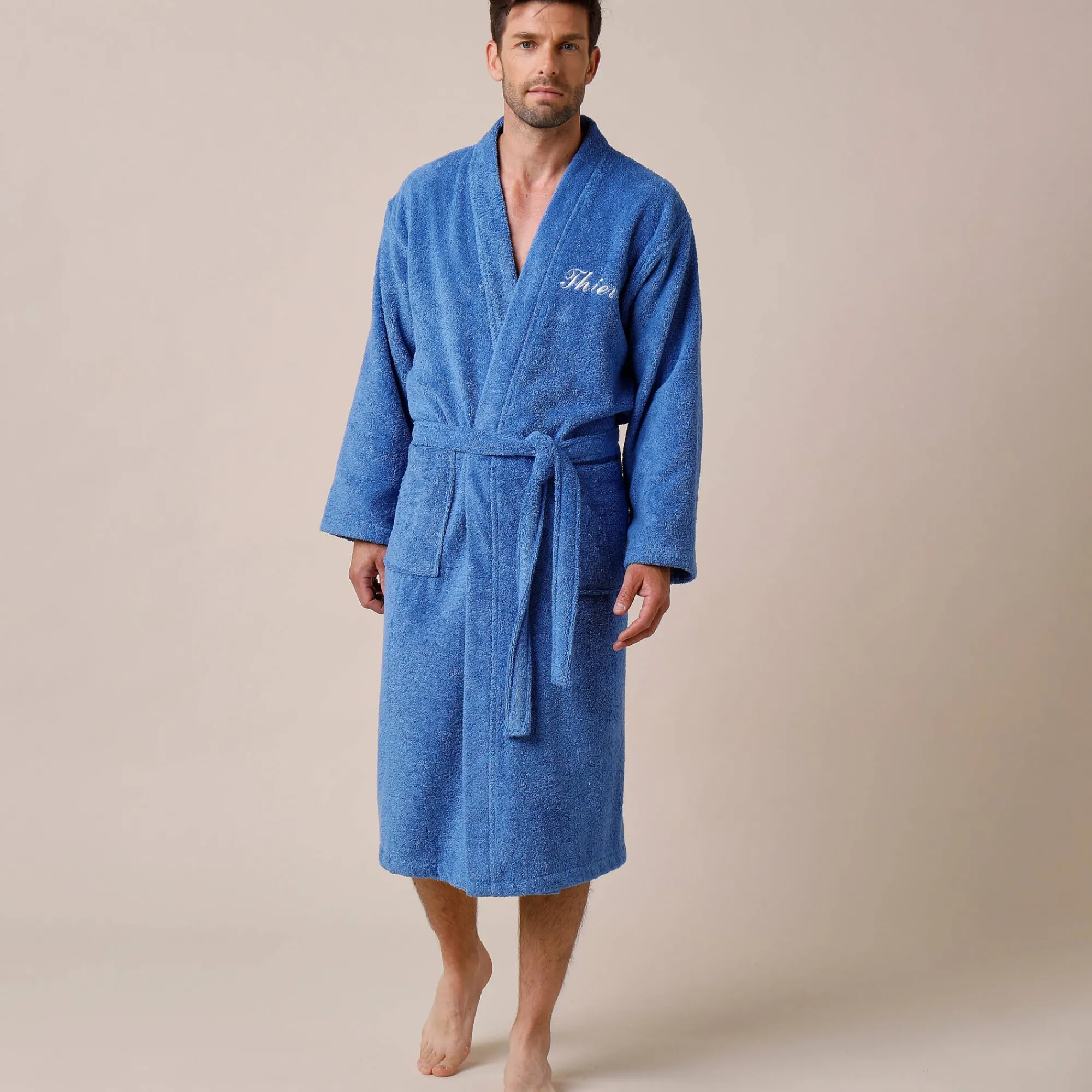 Badjas<Colombine Effen badjas in lusjesbadstof met kimonokraag, volwassenen, gepersonaliseerd felblauw