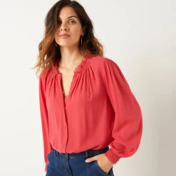 Bloes En Tuniek<Blancheporte Effen bloes in crepon, kraag met stroken en macramé kersenrood