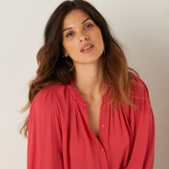 Bloes En Tuniek<Blancheporte Effen bloes in crepon, kraag met stroken en macramé kersenrood