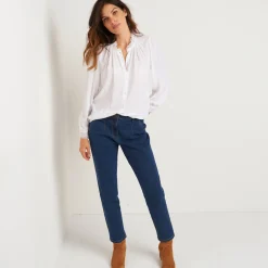 Bloes En Tuniek<Blancheporte Effen bloes in crepon, kraag met stroken en macramé gebroken wit
