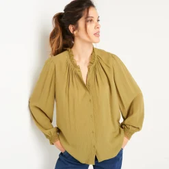 Bloes En Tuniek<Blancheporte Effen bloes in crepon, kraag met stroken en macramé olijfgroen