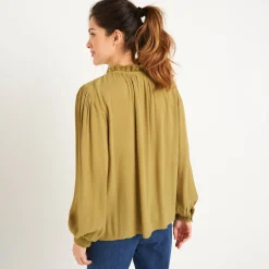 Bloes En Tuniek<Blancheporte Effen bloes in crepon, kraag met stroken en macramé olijfgroen
