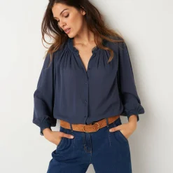 Bloes En Tuniek<Blancheporte Effen bloes in crepon, kraag met stroken en macramé marine