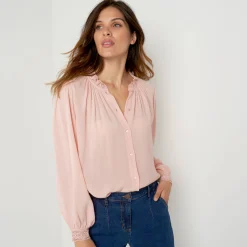 Bloes En Tuniek<Blancheporte Effen bloes in crepon, kraag met stroken en macramé poederroze