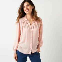 Bloes En Tuniek<Blancheporte Effen bloes in crepon, kraag met stroken en macramé poederroze