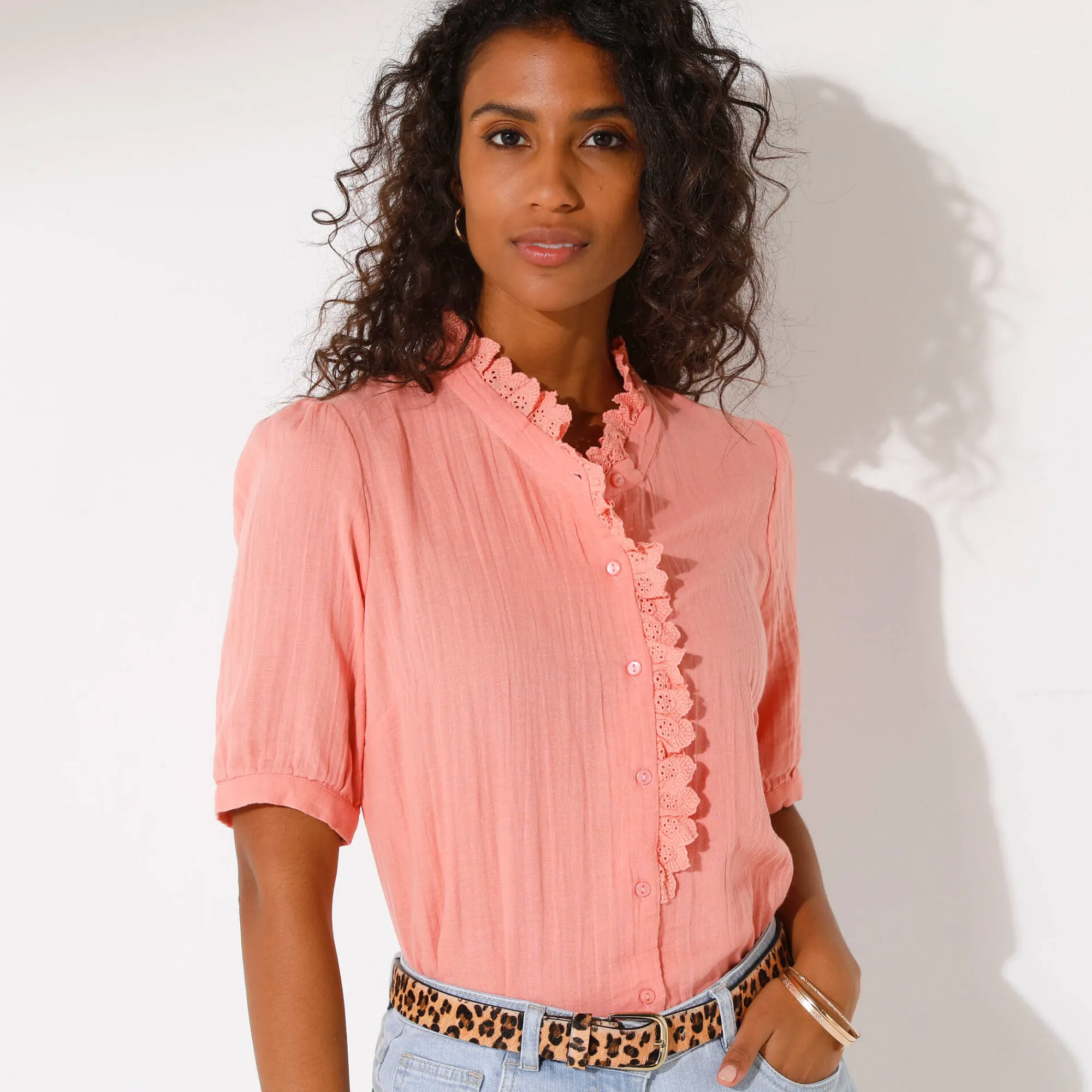 Bloes En Tuniek<Blancheporte Effen bloes met knoopsluiting en geborduurde details, in katoengaas koraal