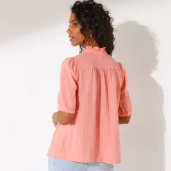 Bloes En Tuniek<Blancheporte Effen bloes met knoopsluiting en geborduurde details, in katoengaas koraal