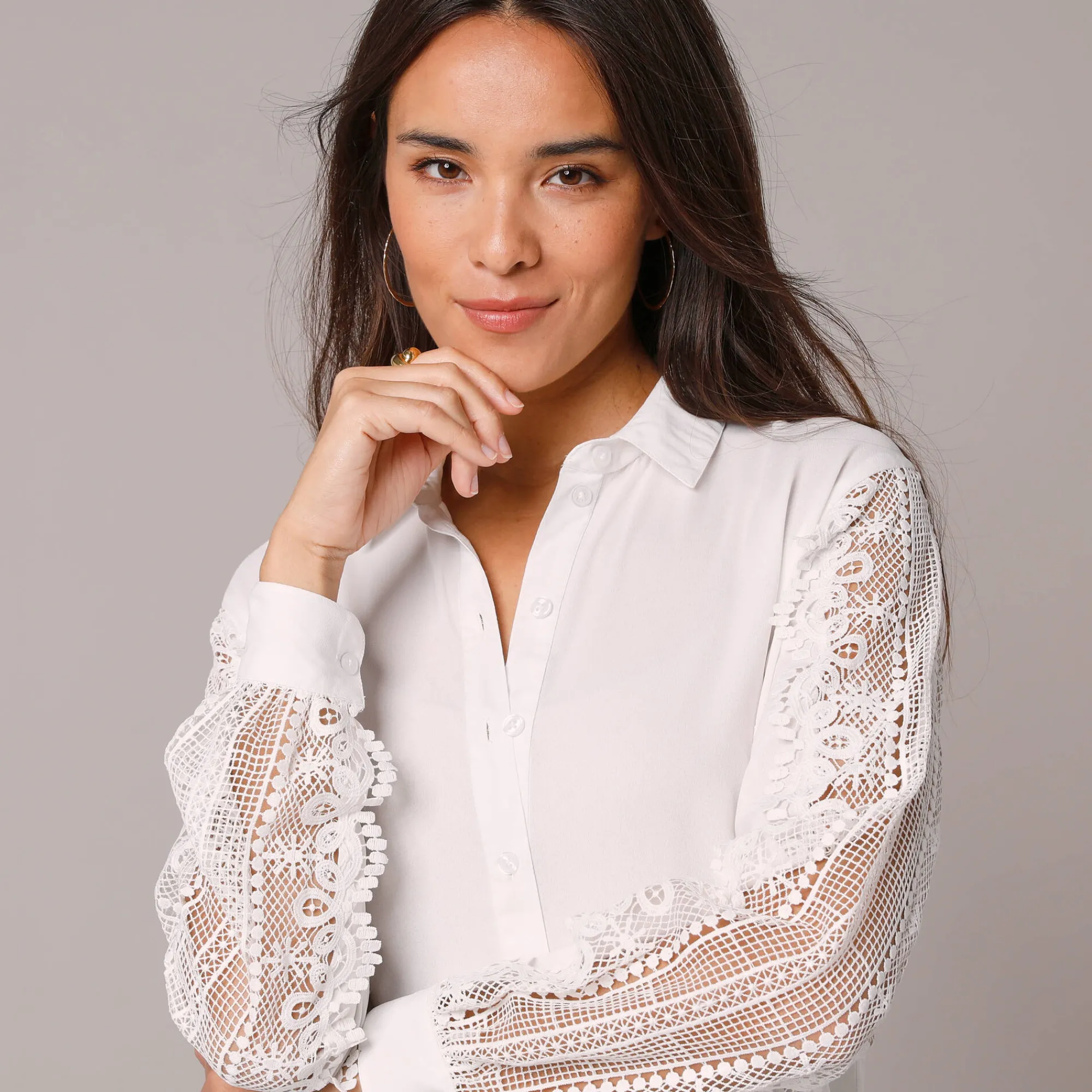Feestoutfits Dames|Bloes En Tuniek<Blancheporte Effen bloes met knopen en kant gebroken wit