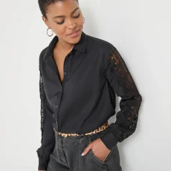 Feestoutfits Dames|Bloes En Tuniek<Blancheporte Effen bloes met knopen en kant zwart