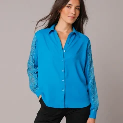 Bloes En Tuniek<Blancheporte Effen bloes met knopen en kant blauw