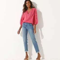 Bloes En Tuniek<Blancheporte Effen bloes met macramé, geborduurde mouwen roze