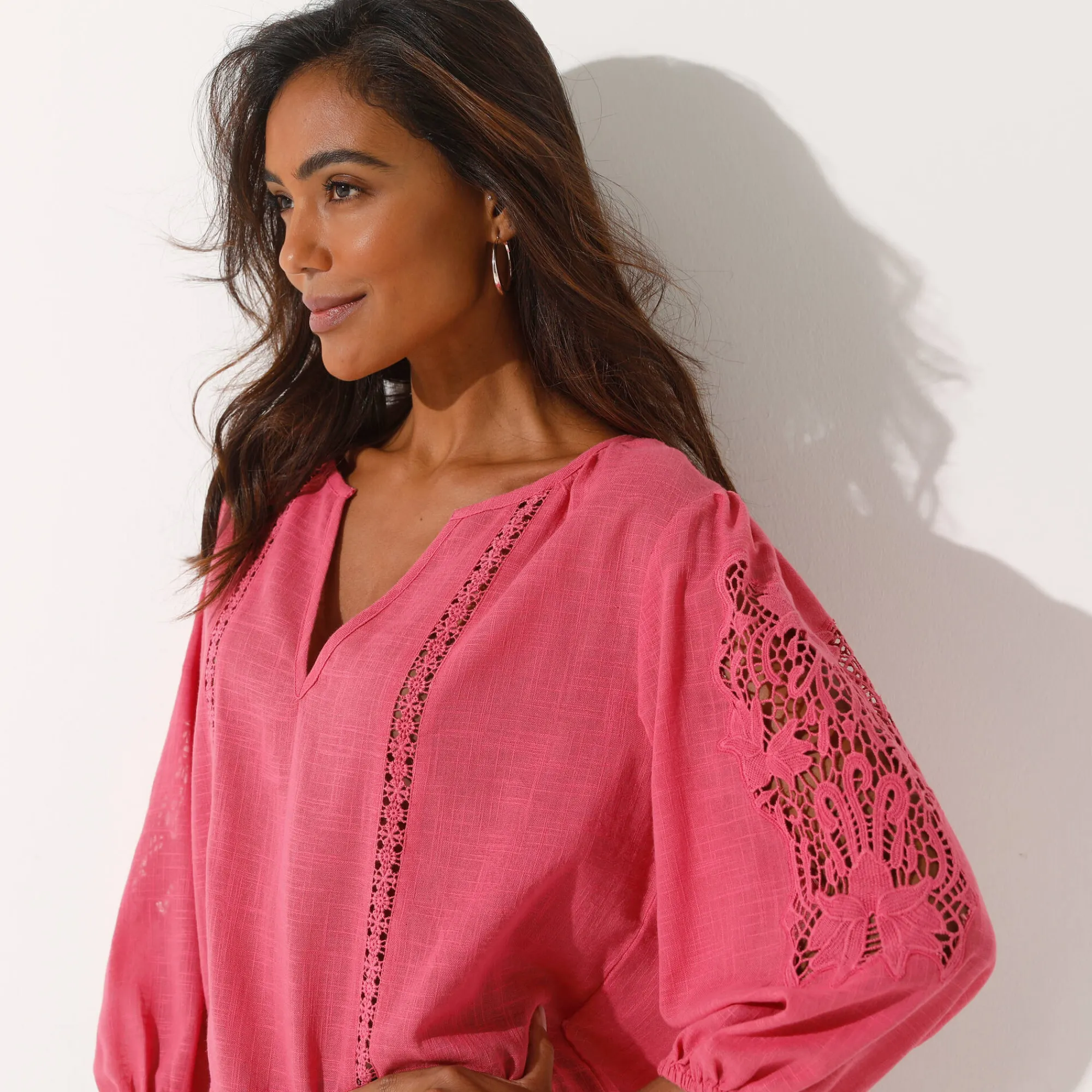 Bloes En Tuniek<Blancheporte Effen bloes met macramé, geborduurde mouwen roze
