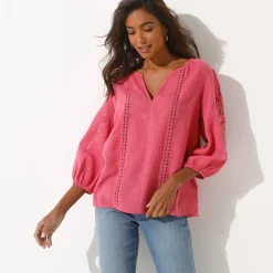 Bloes En Tuniek<Blancheporte Effen bloes met macramé, geborduurde mouwen roze