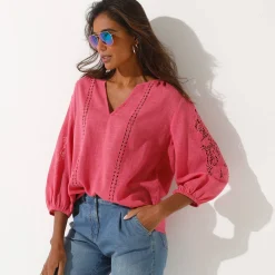 Bloes En Tuniek<Blancheporte Effen bloes met macramé, geborduurde mouwen roze