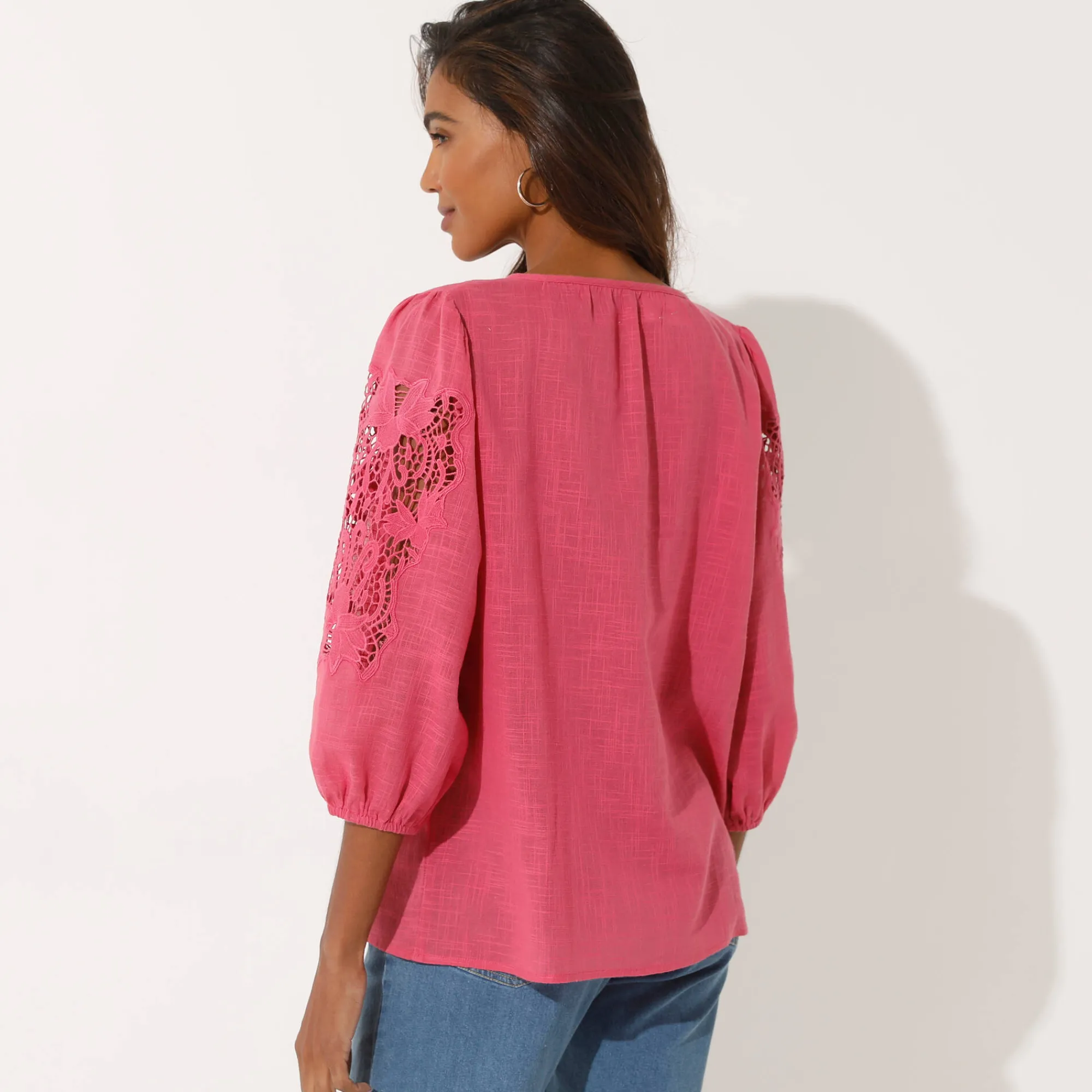 Bloes En Tuniek<Blancheporte Effen bloes met macramé, geborduurde mouwen roze