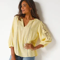 Bloes En Tuniek<Blancheporte Effen bloes met macramé, geborduurde mouwen geel