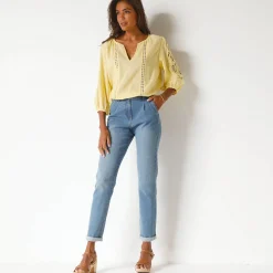 Bloes En Tuniek<Blancheporte Effen bloes met macramé, geborduurde mouwen geel