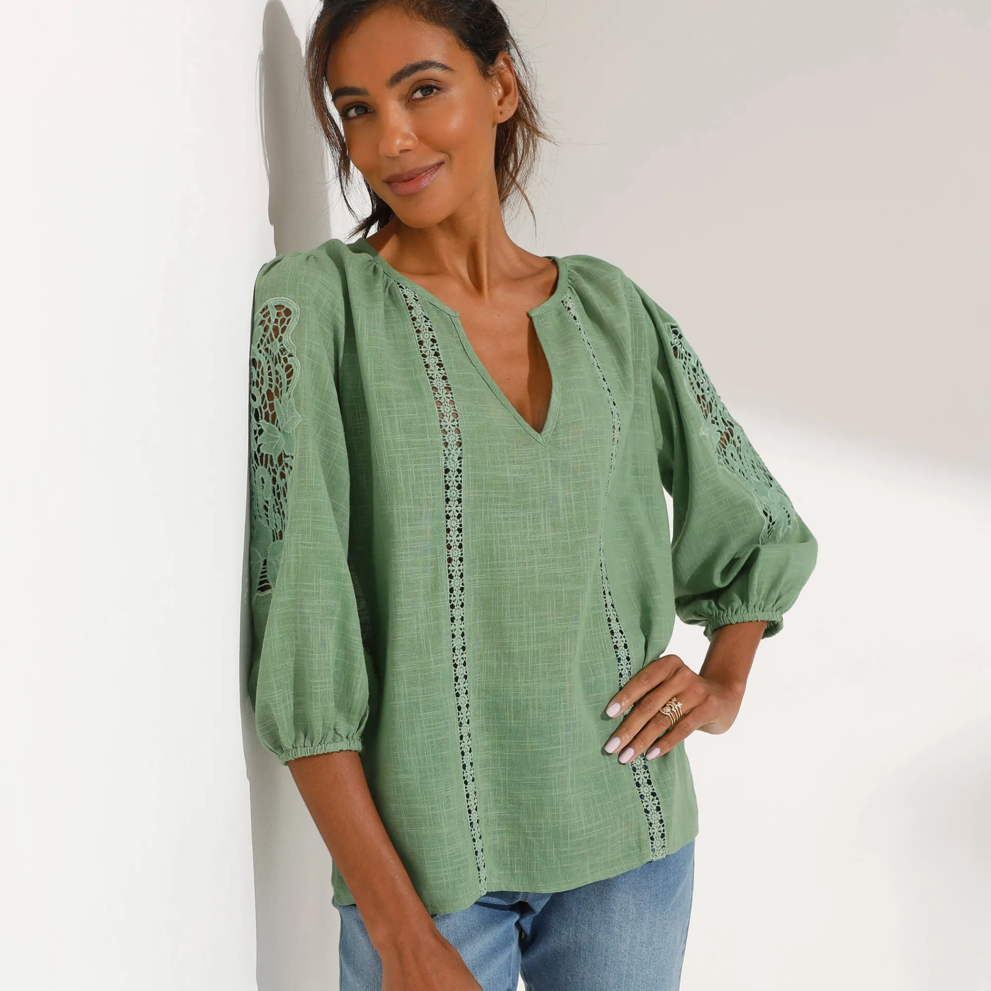 Bloes En Tuniek<Blancheporte Effen bloes met macramé, geborduurde mouwen kaki