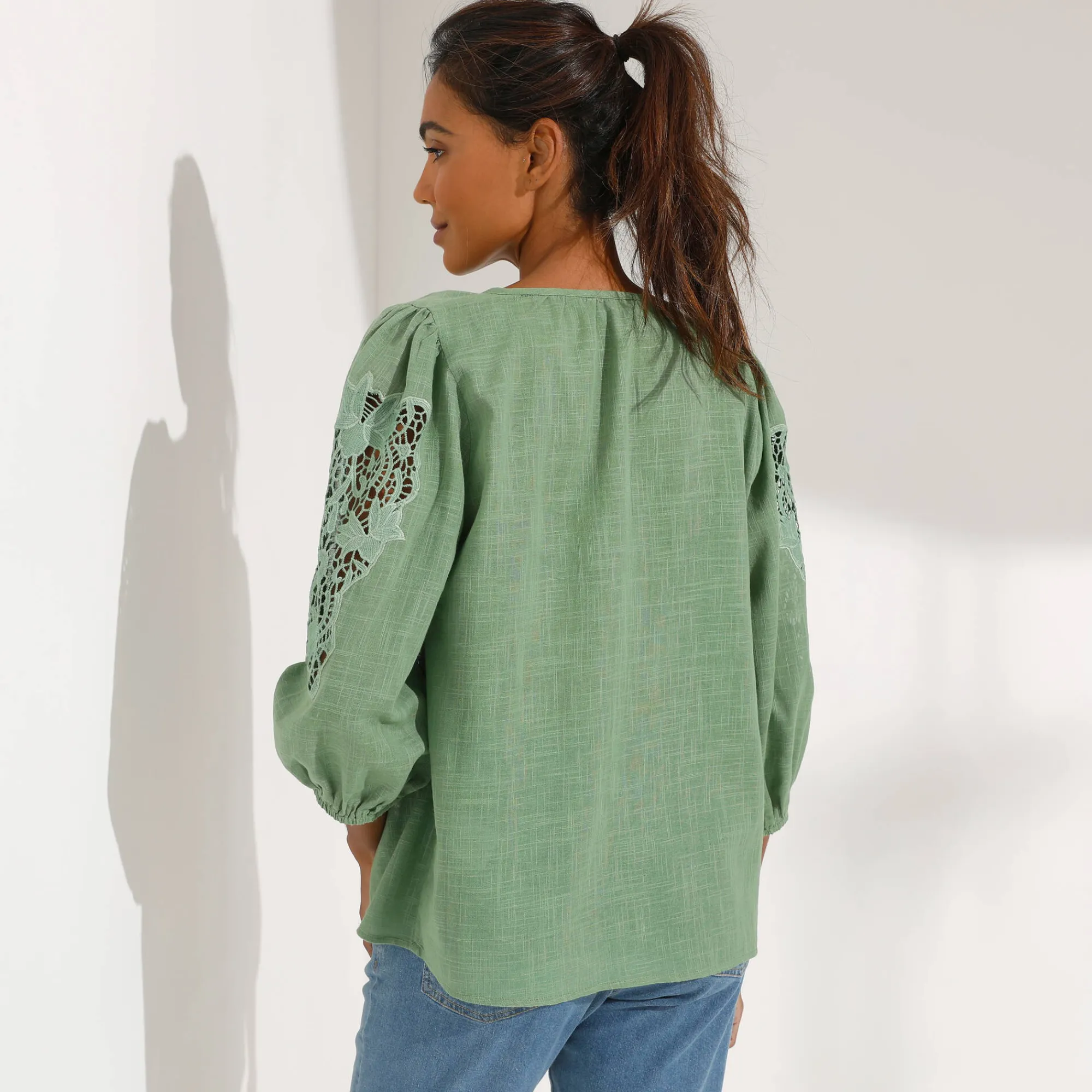Bloes En Tuniek<Blancheporte Effen bloes met macramé, geborduurde mouwen kaki