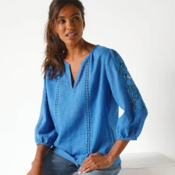 Bloes En Tuniek<Blancheporte Effen bloes met macramé, geborduurde mouwen blauw