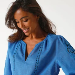 Bloes En Tuniek<Blancheporte Effen bloes met macramé, geborduurde mouwen blauw