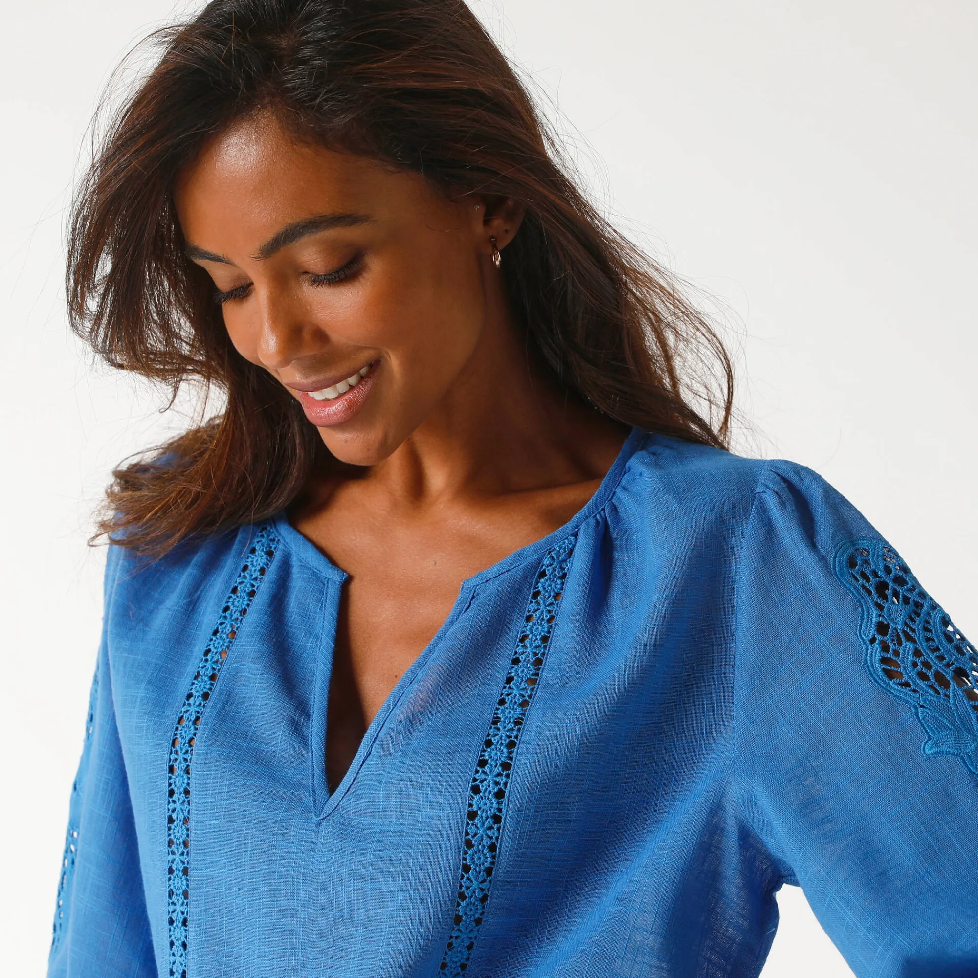 Bloes En Tuniek<Blancheporte Effen bloes met macramé, geborduurde mouwen blauw