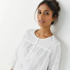 Jurk|Bloes En Tuniek<Blancheporte Effen bloes met 3/4-mouwen, broderie anglaise wit