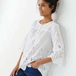 Jurk|Bloes En Tuniek<Blancheporte Effen bloes met 3/4-mouwen, broderie anglaise wit