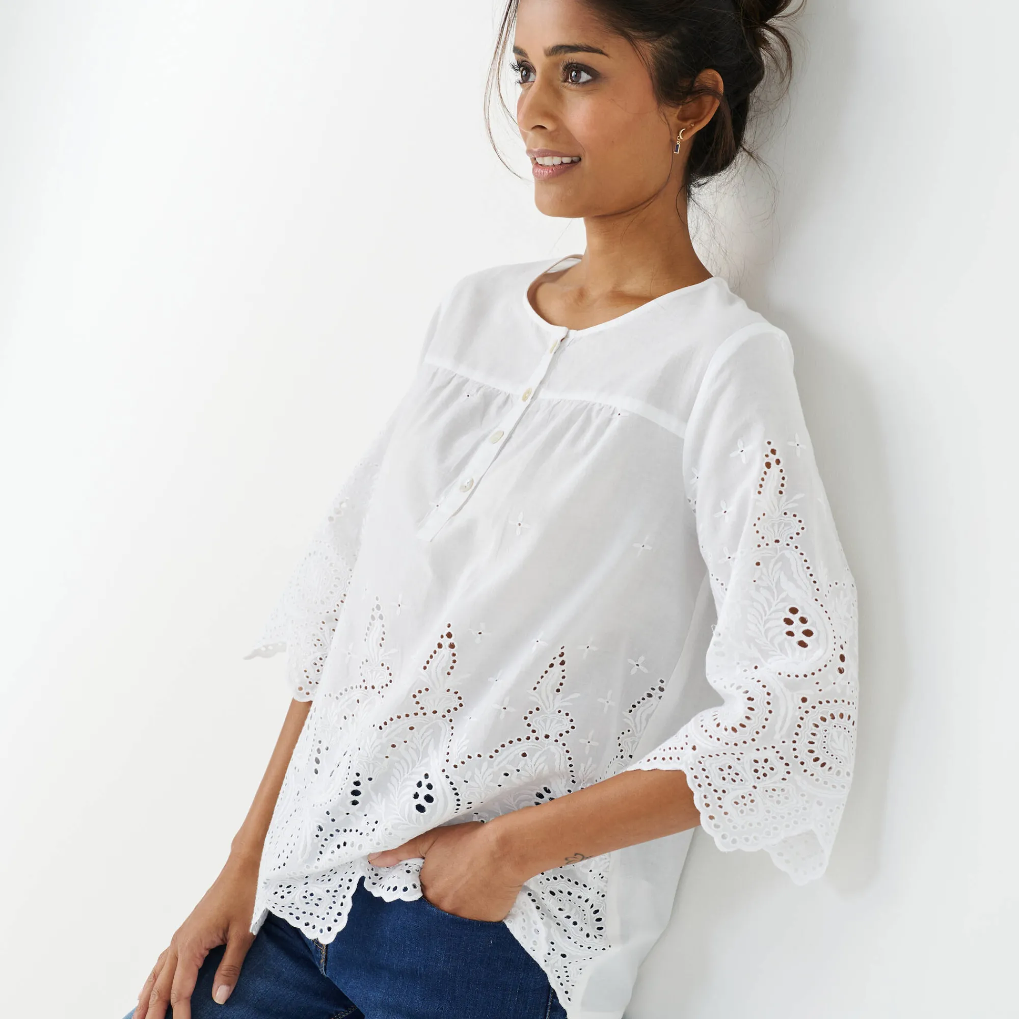 Jurk|Bloes En Tuniek<Blancheporte Effen bloes met 3/4-mouwen, broderie anglaise wit