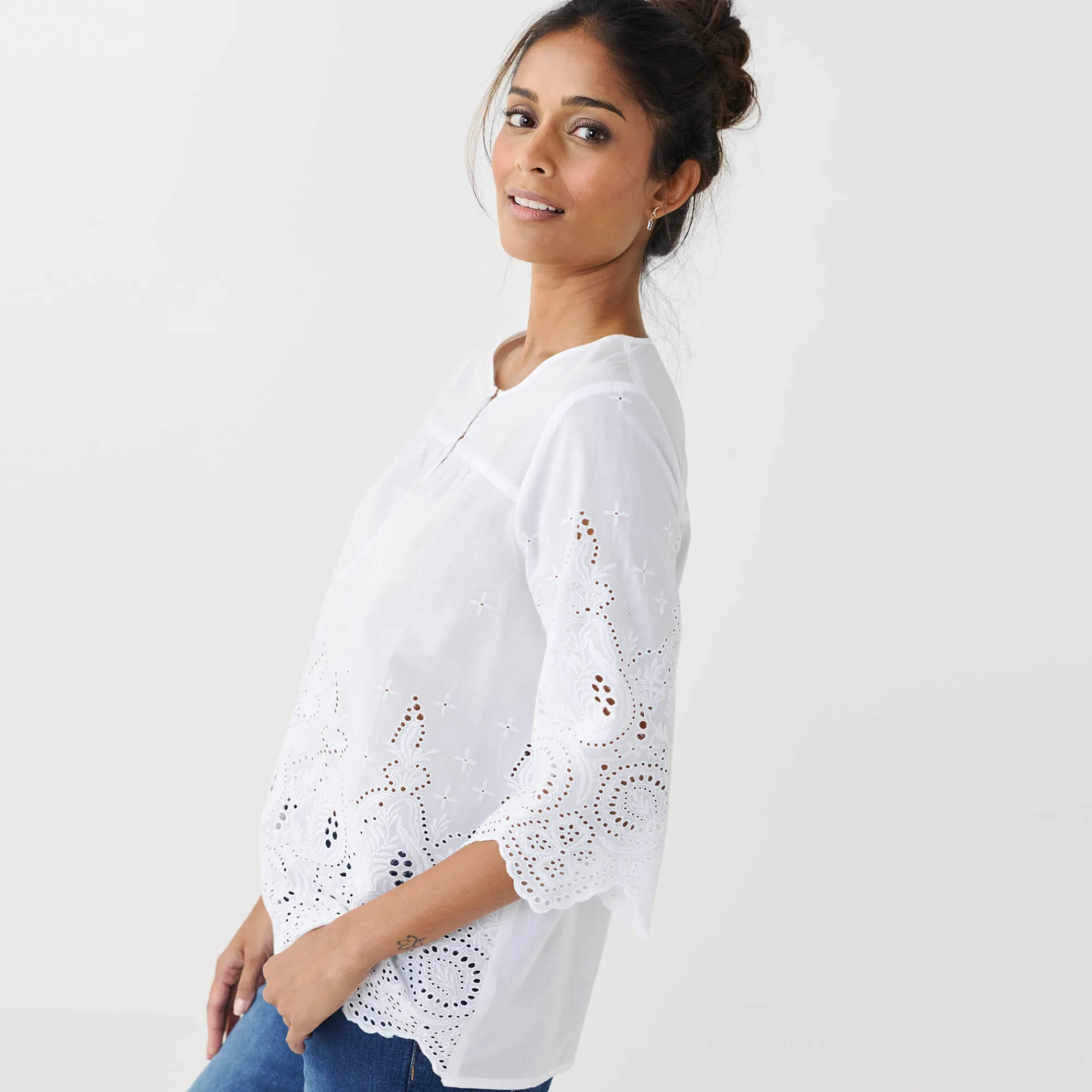 Jurk|Bloes En Tuniek<Blancheporte Effen bloes met 3/4-mouwen, broderie anglaise wit