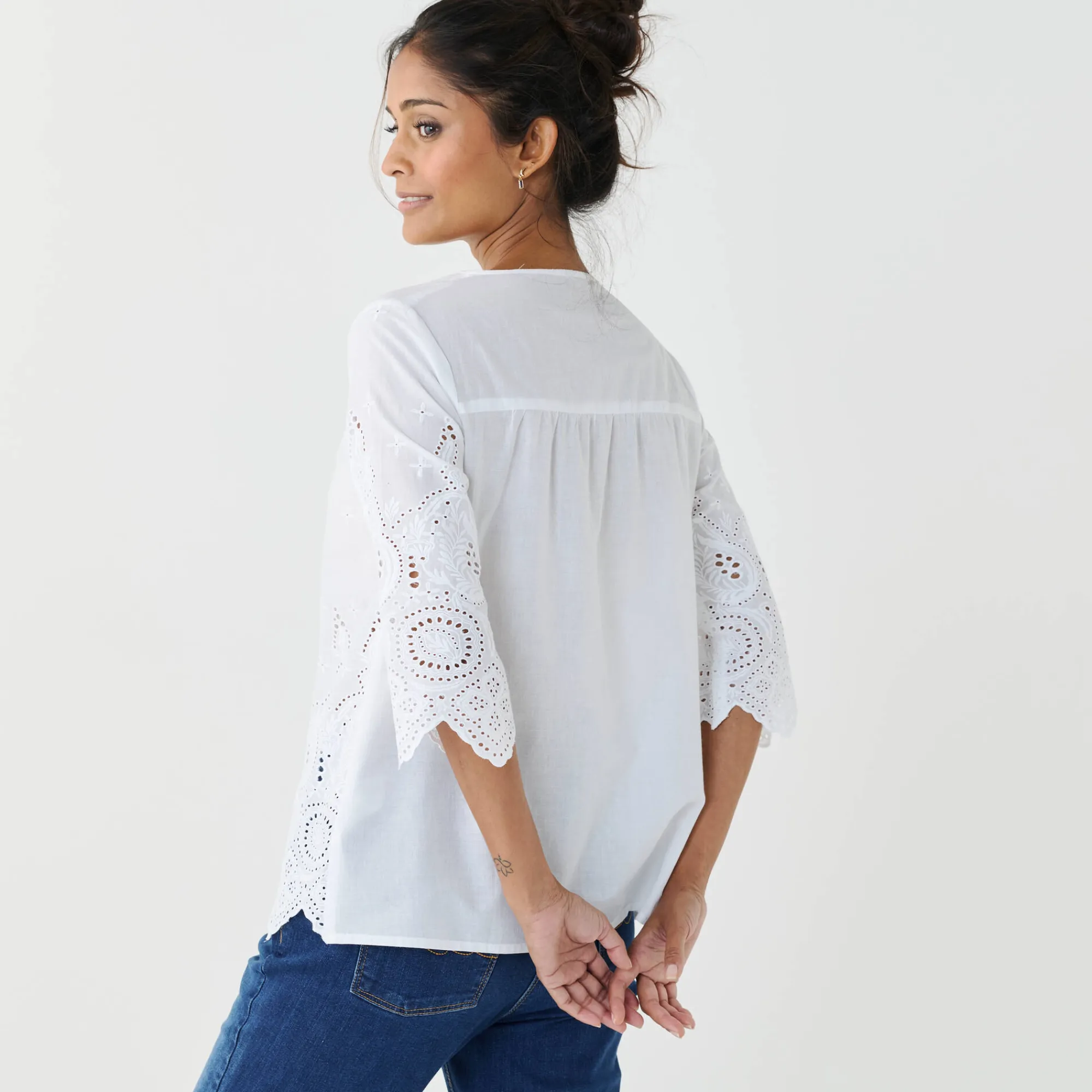 Jurk|Bloes En Tuniek<Blancheporte Effen bloes met 3/4-mouwen, broderie anglaise wit