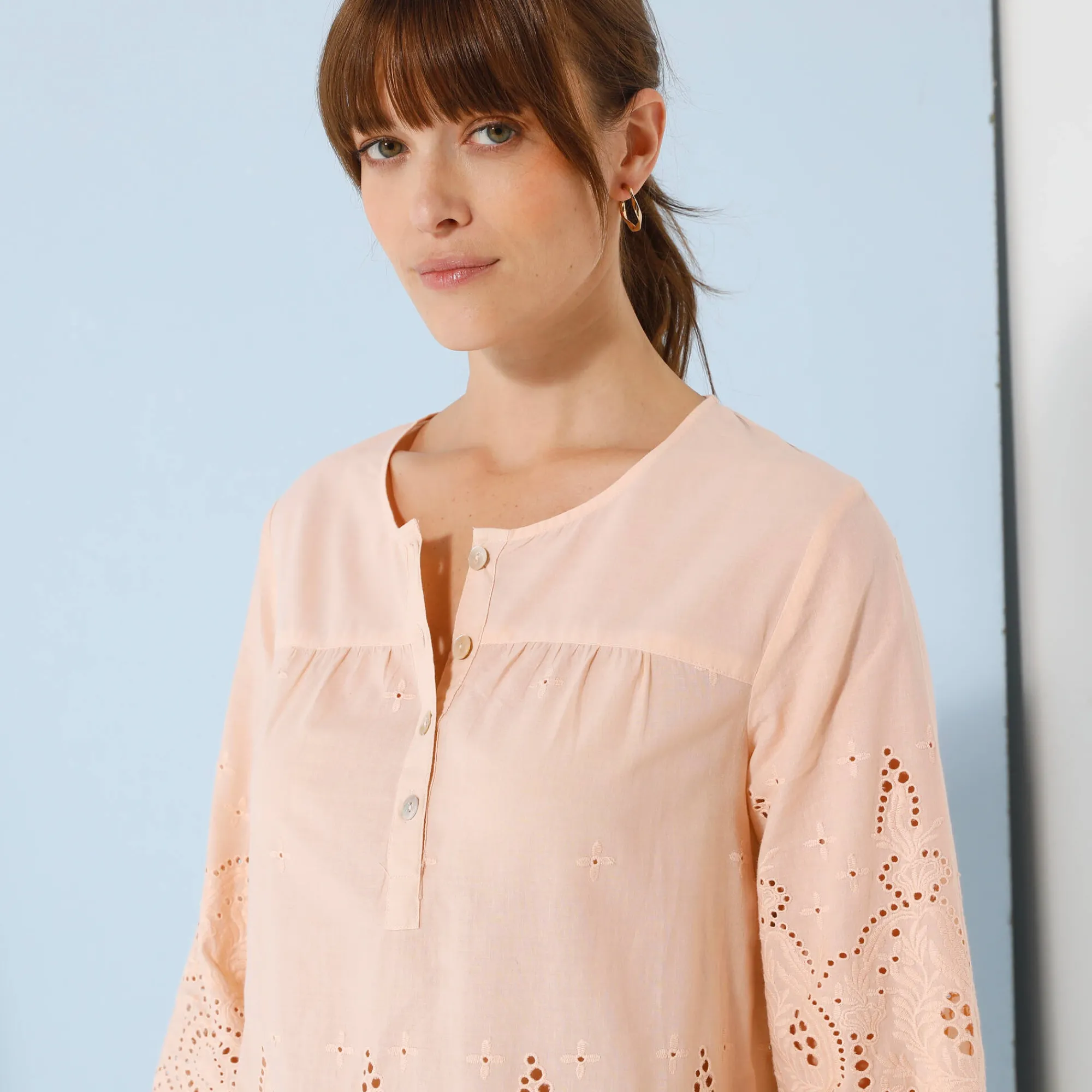 Bloes En Tuniek<Blancheporte Effen bloes met 3/4-mouwen, broderie anglaise poederroze