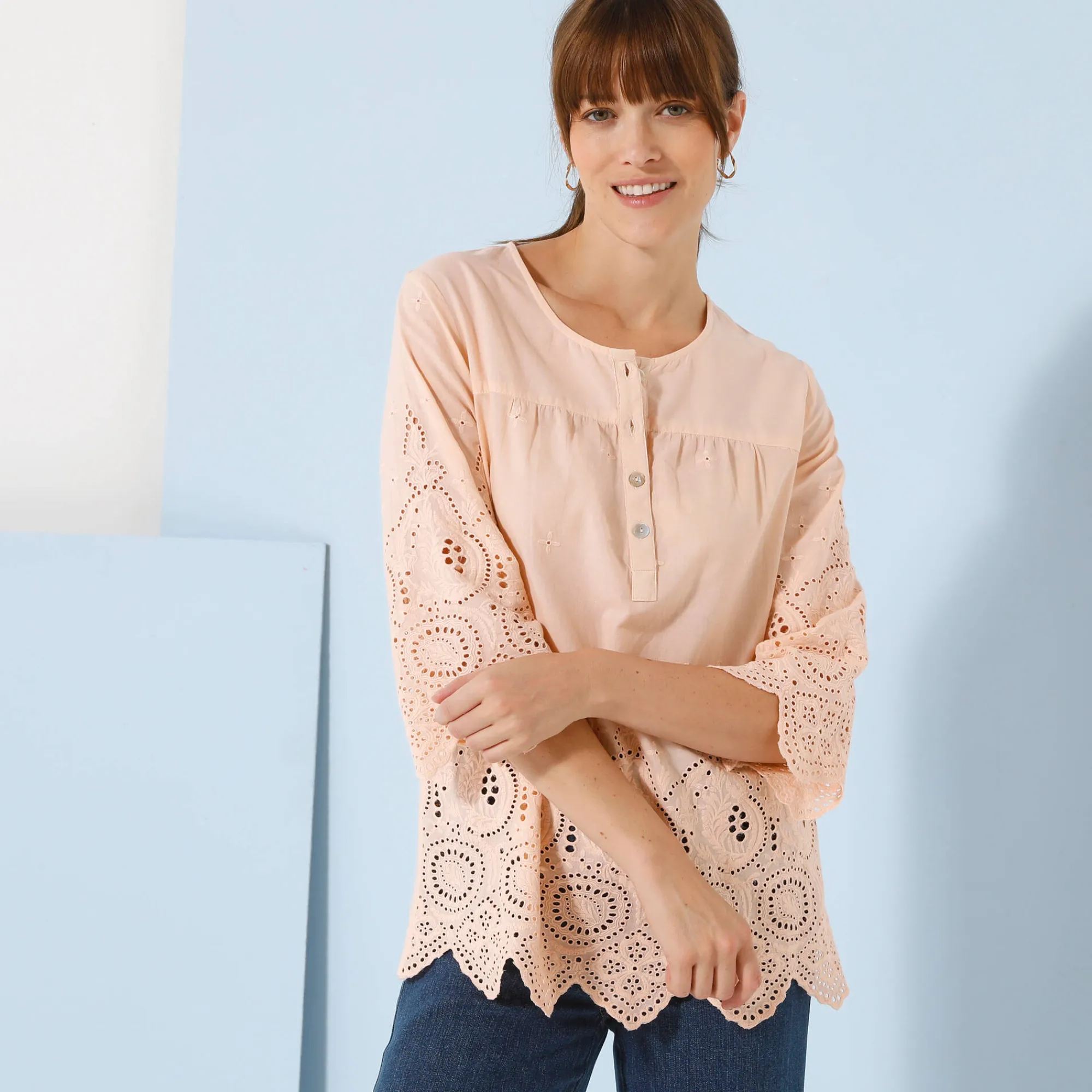 Bloes En Tuniek<Blancheporte Effen bloes met 3/4-mouwen, broderie anglaise poederroze