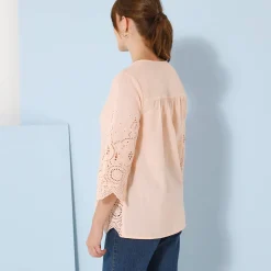 Bloes En Tuniek<Blancheporte Effen bloes met 3/4-mouwen, broderie anglaise poederroze