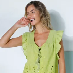 Bloes En Tuniek<Blancheporte Effen bloes met V-hals en knoopsluiting, broderie anglaise anijs