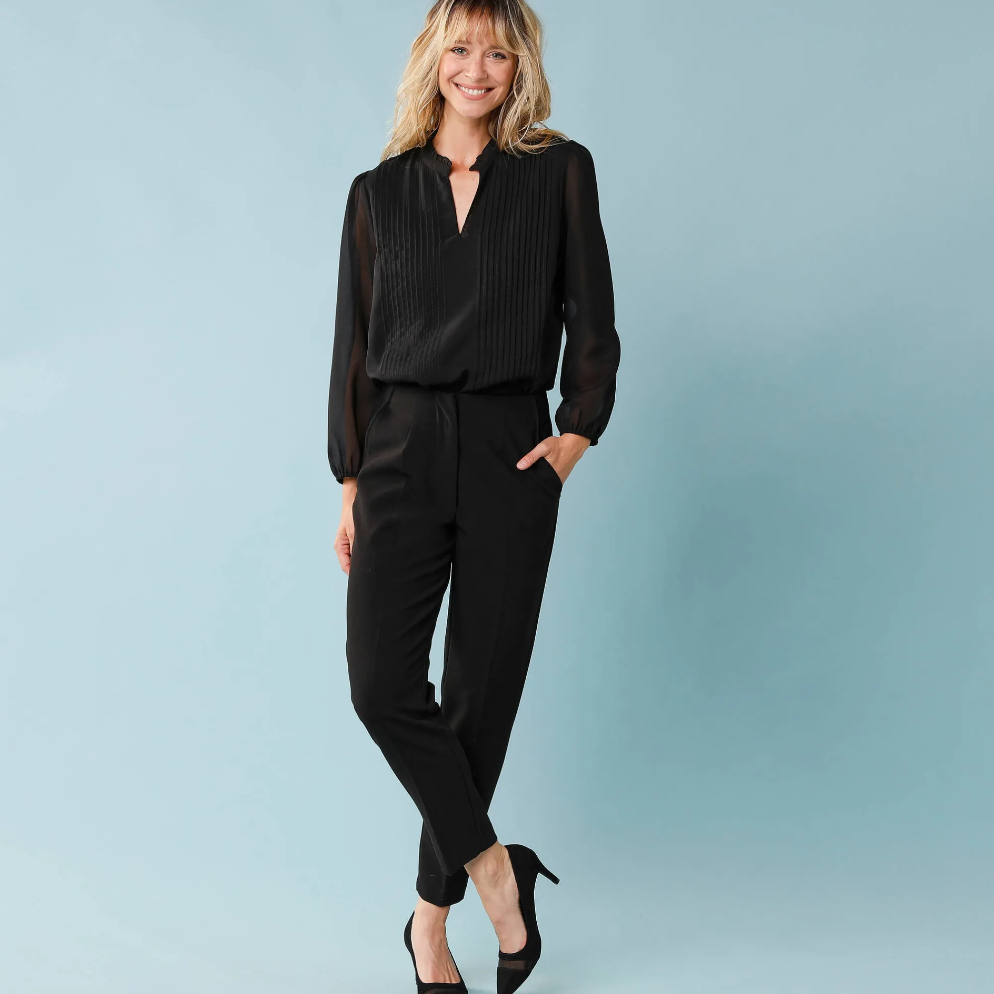 Feestoutfits Dames|Bloes En Tuniek<Blancheporte Effen bloes voor kleine lengtes met plooitjes, gevoerd zwart