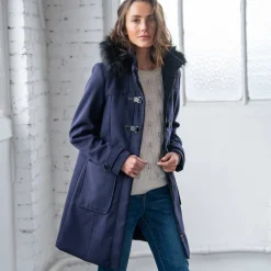 Jas En Mantel<Blancheporte Effen duffelcoat met kap in nepbont marine
