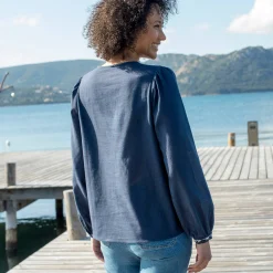 Bloes En Tuniek<Blancheporte Effen, geborduurde bloes in katoen, split aan de hals marine