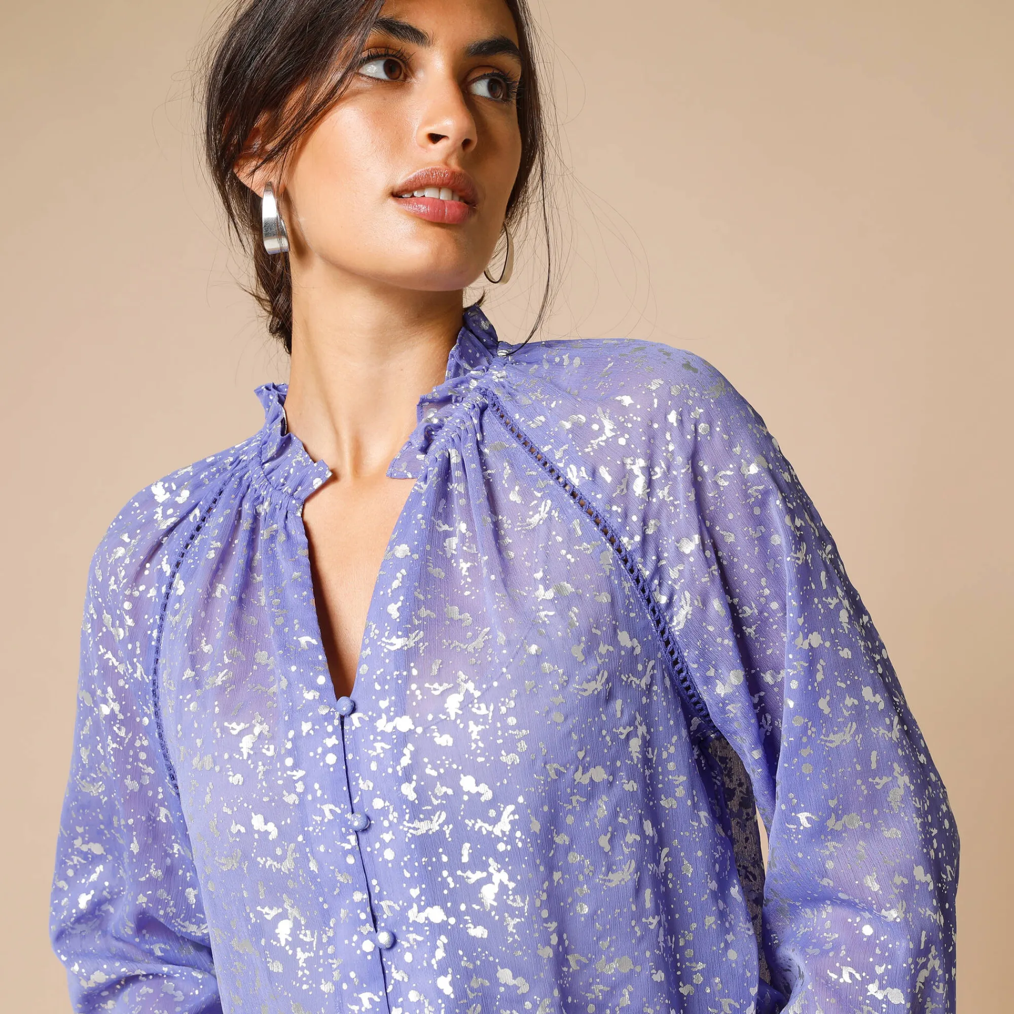 Feestoutfits Dames|Bloes En Tuniek<Blancheporte Effen hemd in voile, zilverkleurig opdruk iris