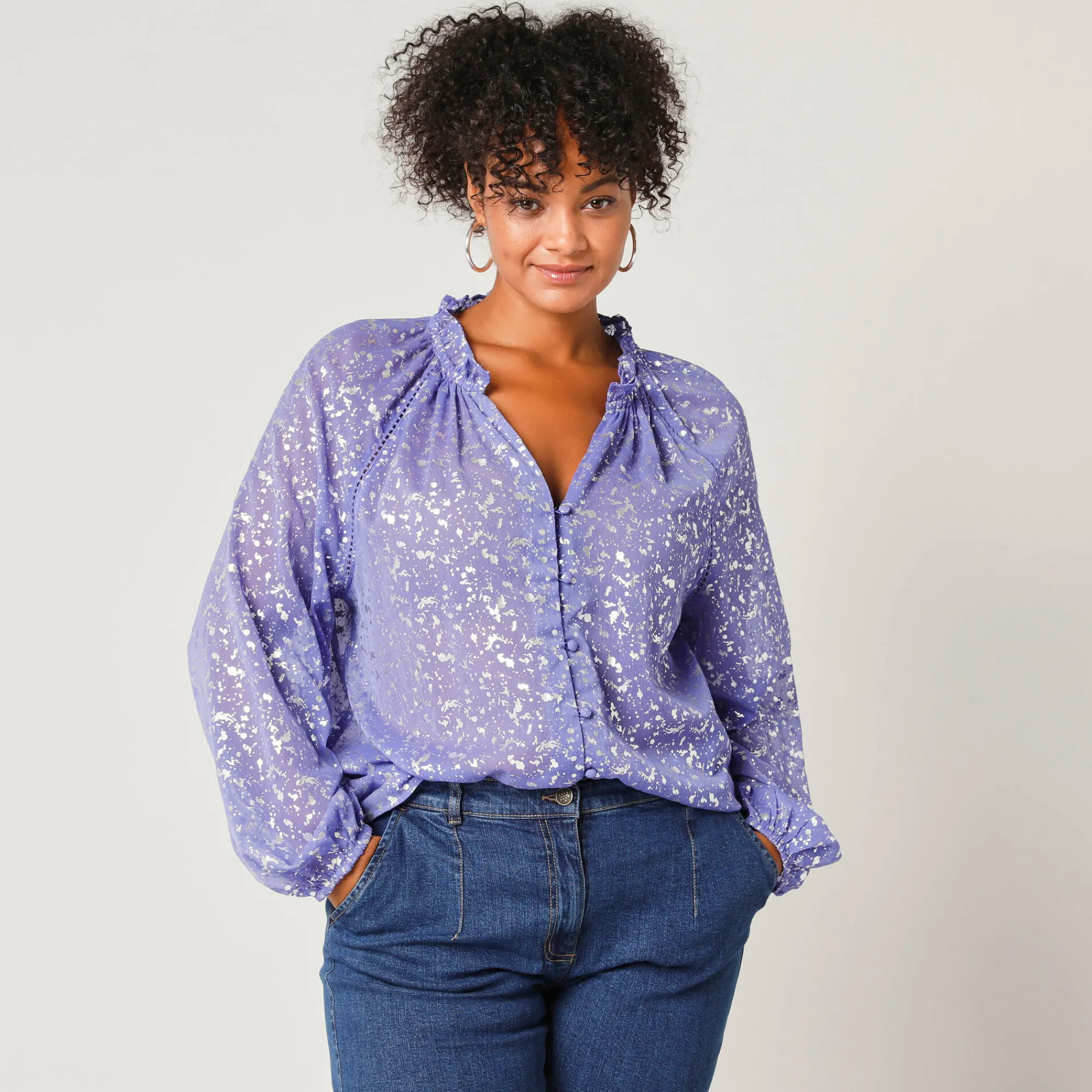 Feestoutfits Dames|Bloes En Tuniek<Blancheporte Effen hemd in voile, zilverkleurig opdruk iris