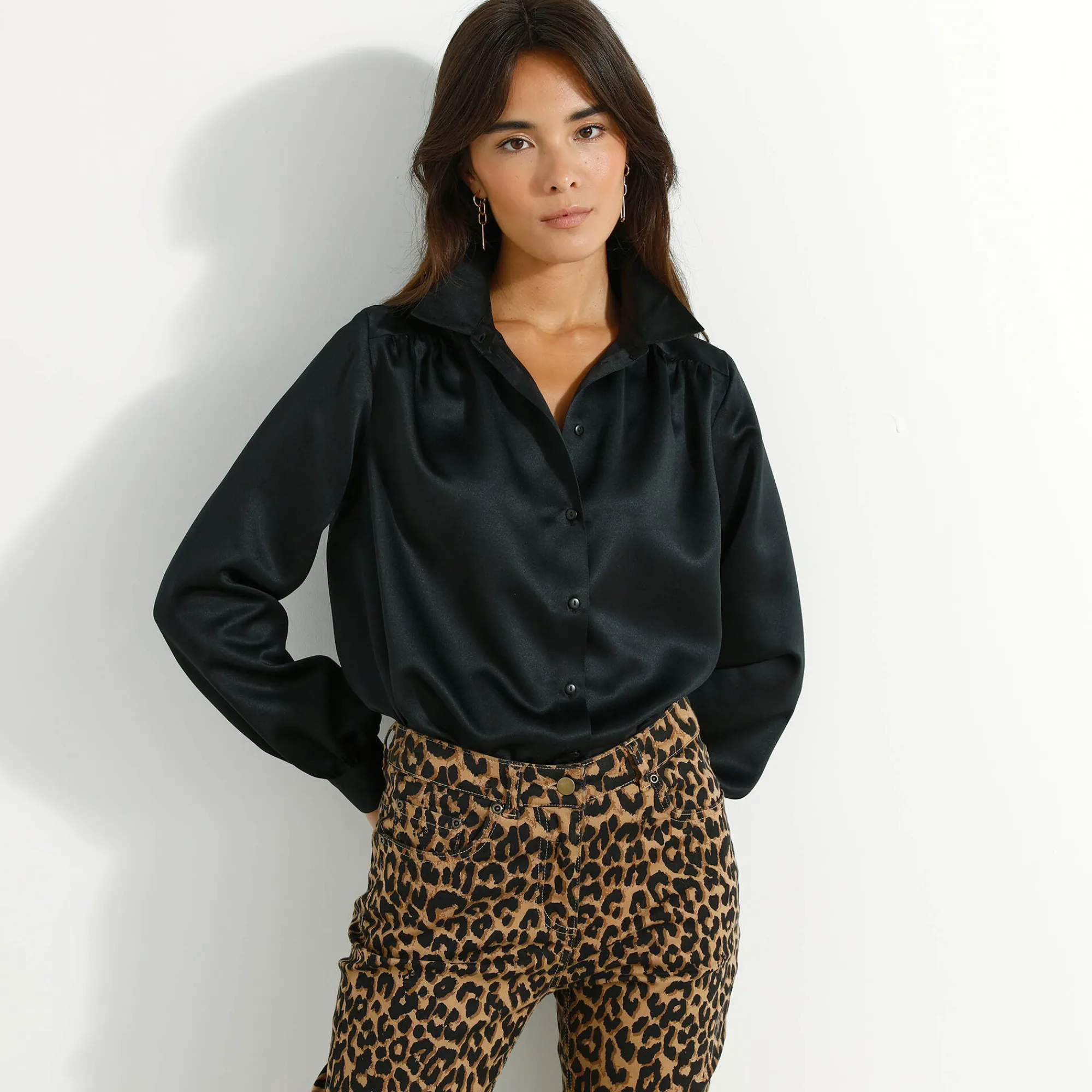 Feestoutfits Dames|Bloes En Tuniek<Blancheporte Effen hemd met ruim volume, satijn zwart