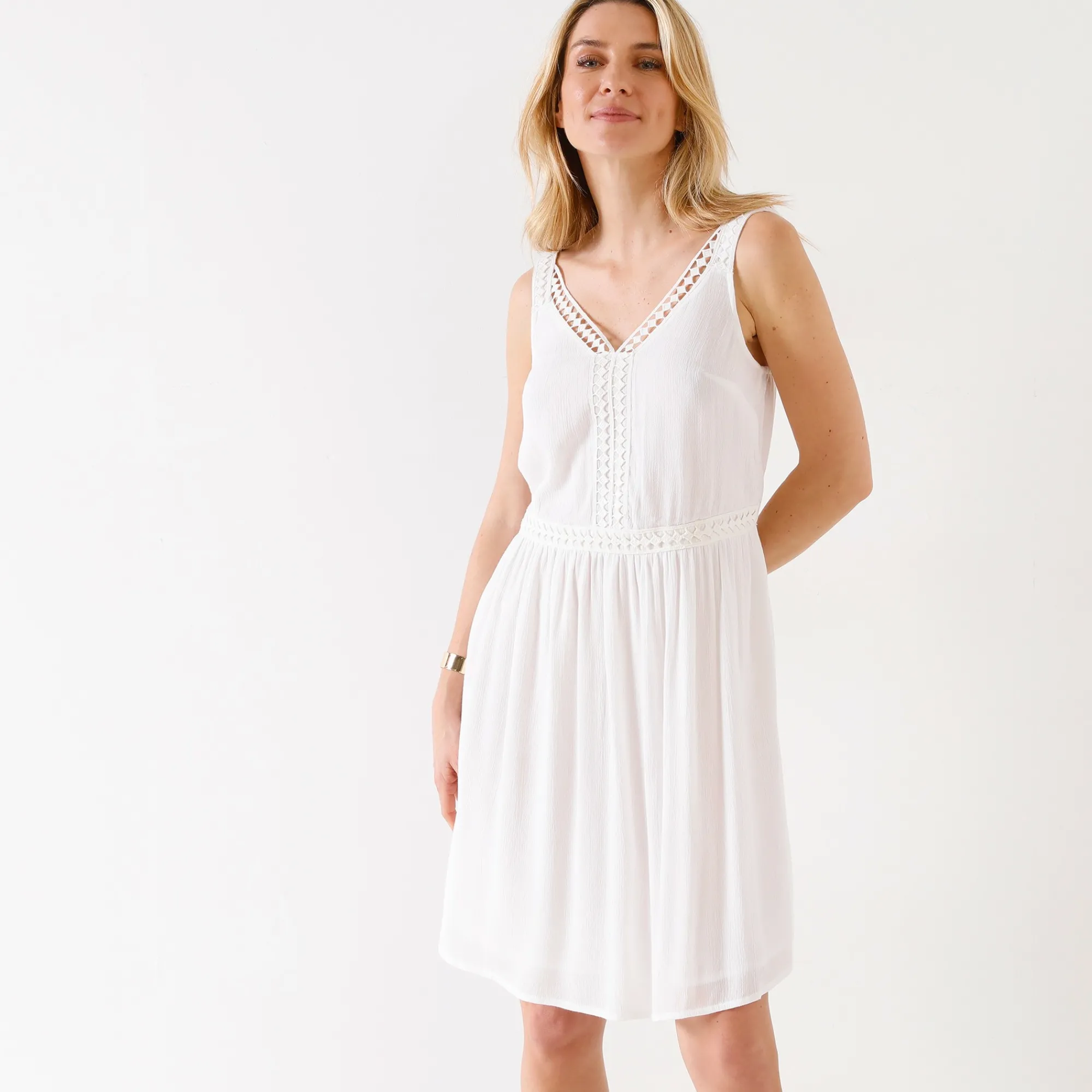 Jurk<Blancheporte Effen jurk in crepon en macramé wit