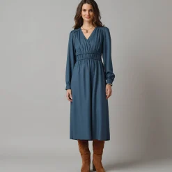 Jurk<Lora Zellini Effen jurk met lange mouwen, strookdetails blauwgrijs